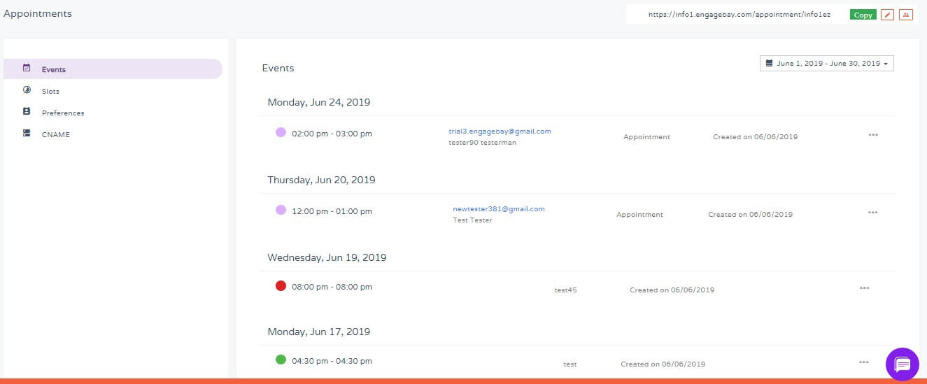 events in appointment scheduling software in engagebay