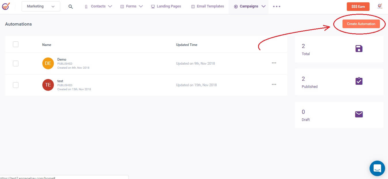 create automation in engagebay