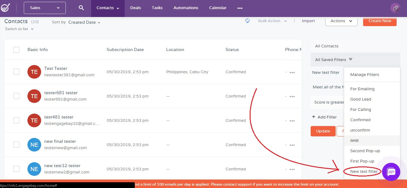 filter new contacts in engagebay