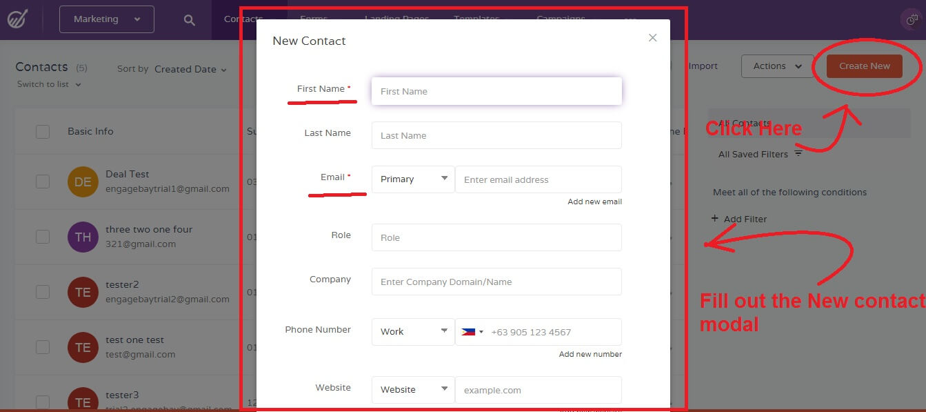 Create new contacts in engagebay