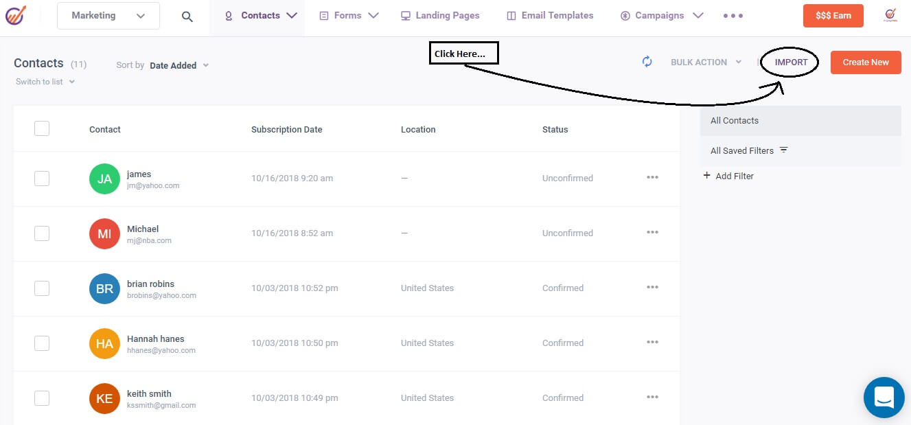 import button in engagebay
