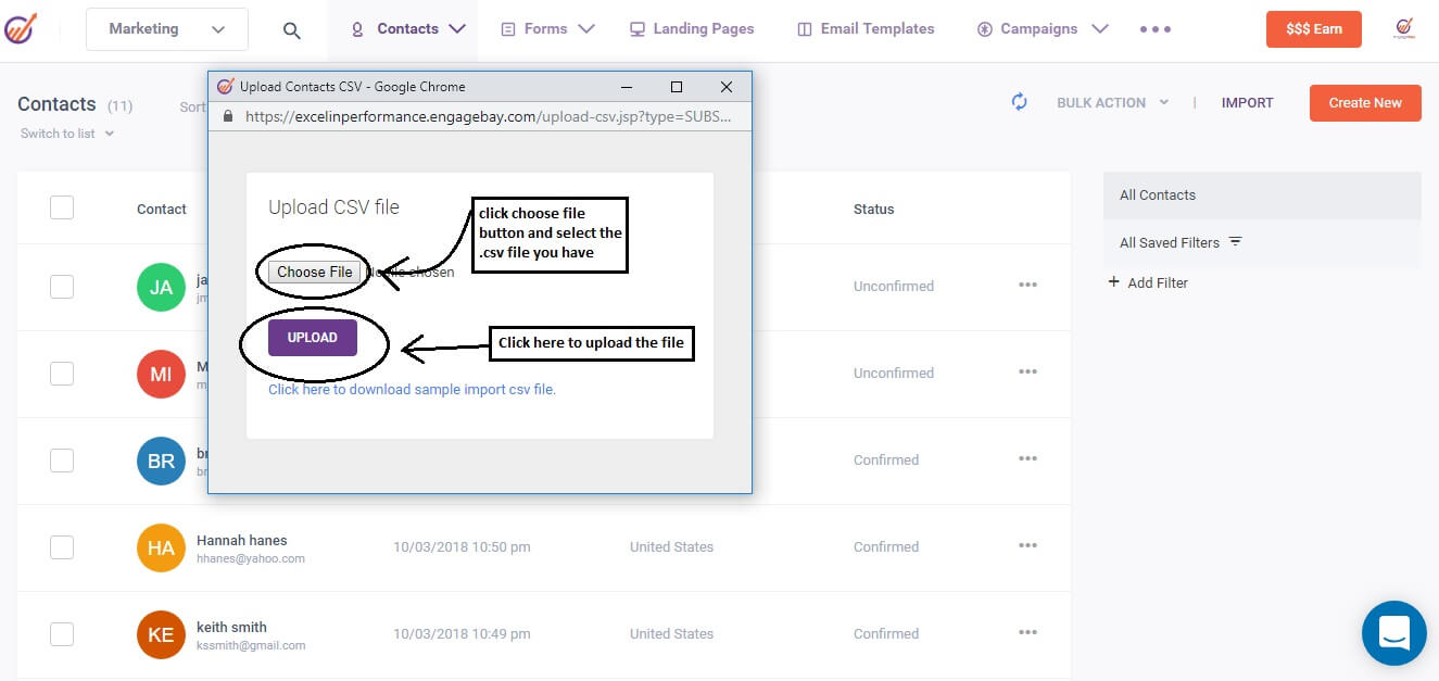uploading new contacts in engagebay