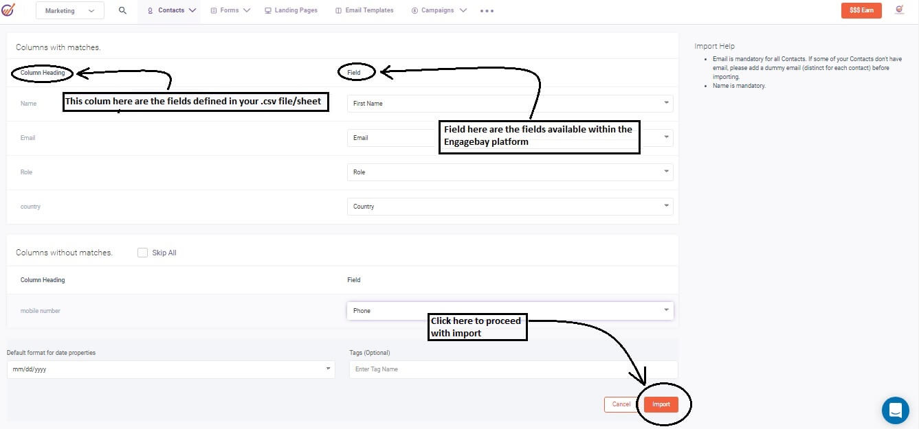 importing contacts in engagebay