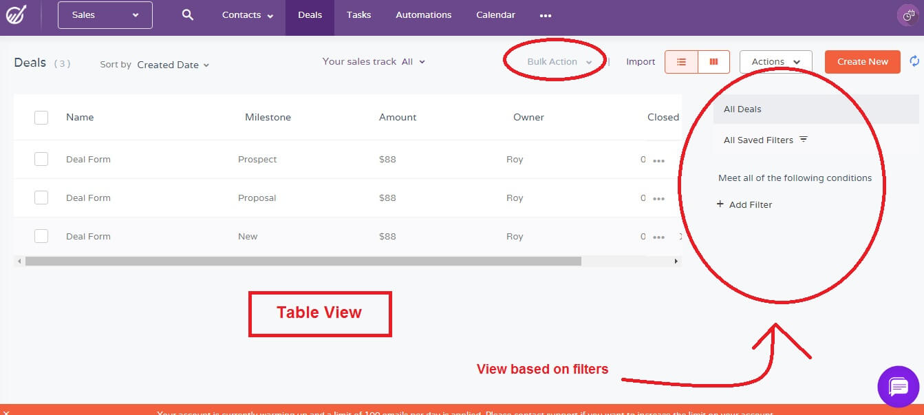 deal table view in engagebay