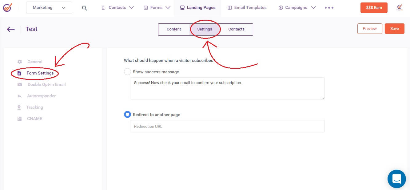 landing page form settings