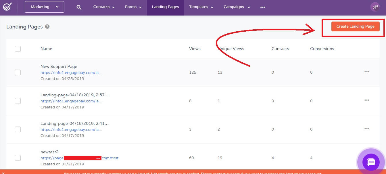 create landing pages in engagebay