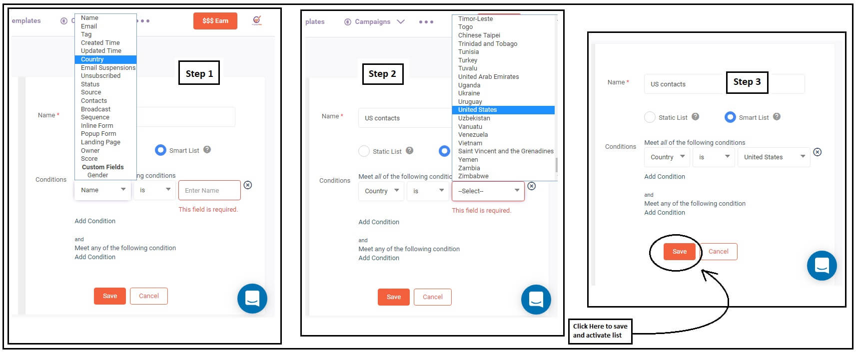 smart list options in engagebay