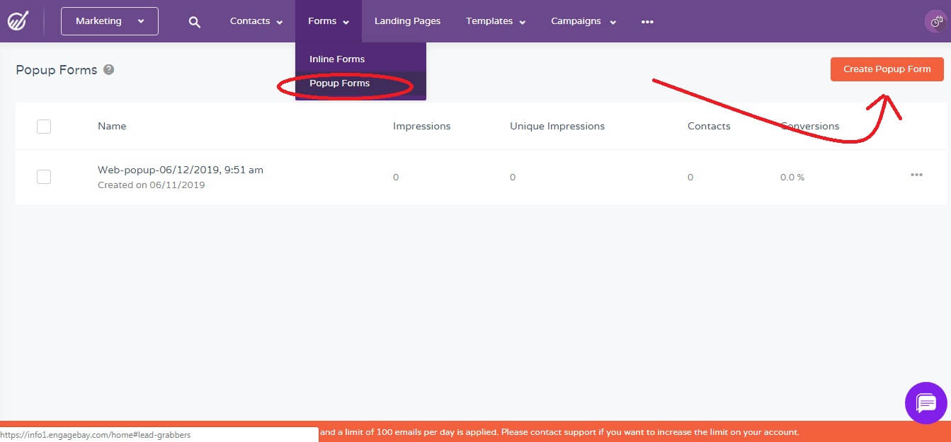 create popup form in engagebay
