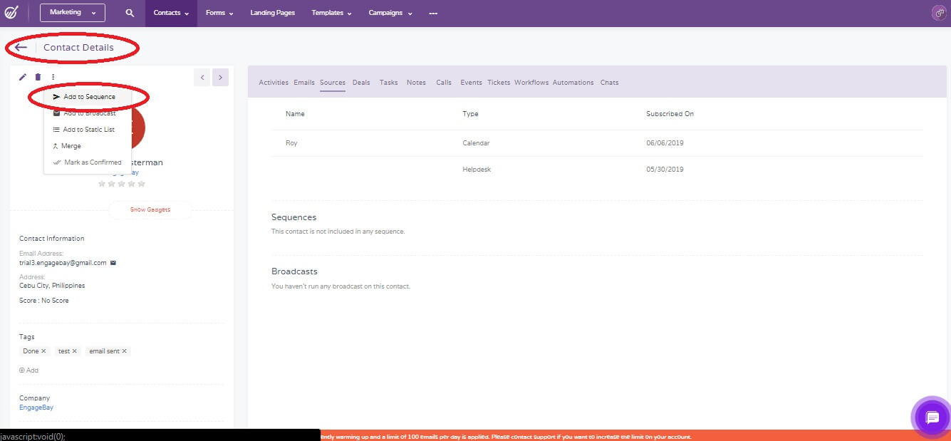 add contacts to engagebay sequences