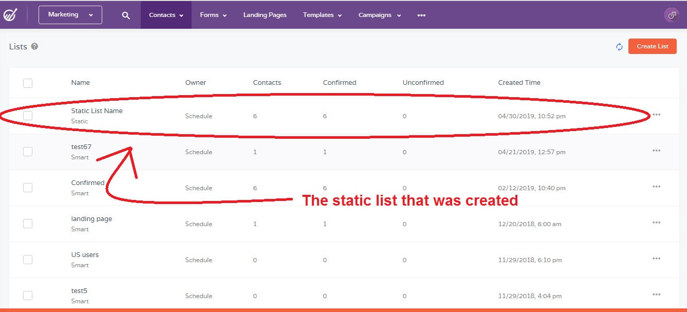 static lists in engagebay
