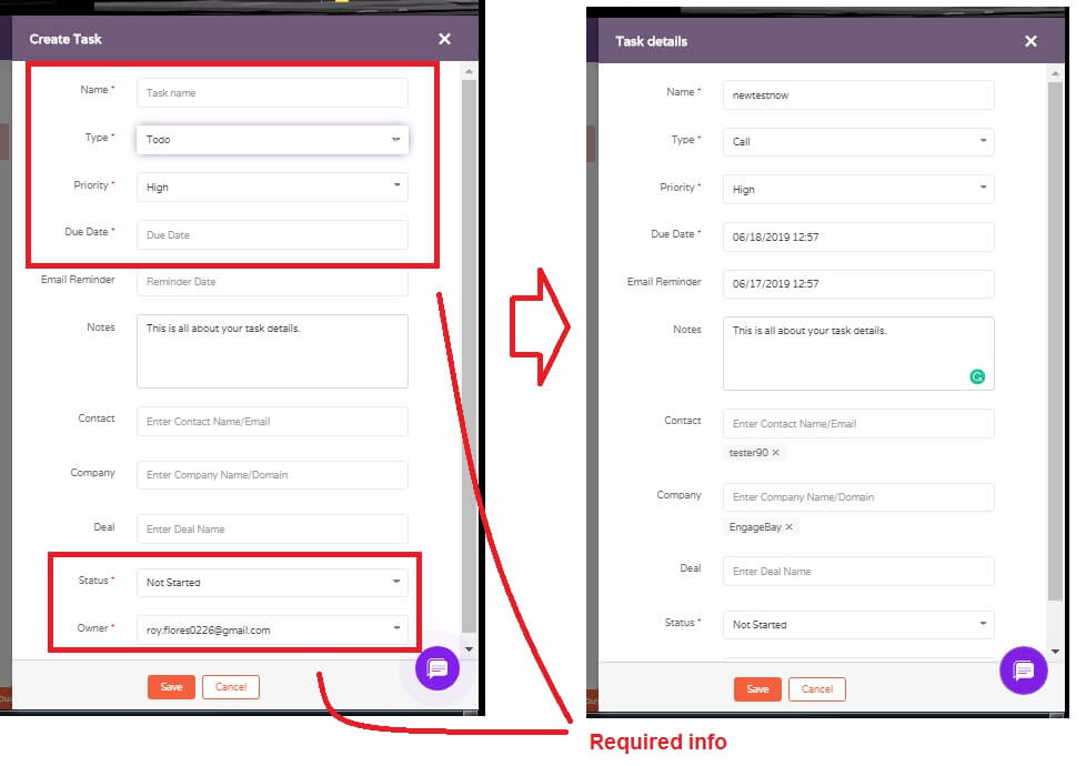create tasks in engagebay