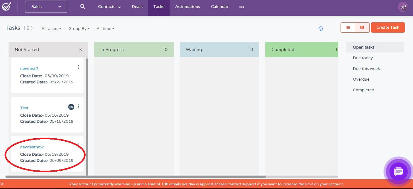 track tasks in engagebay