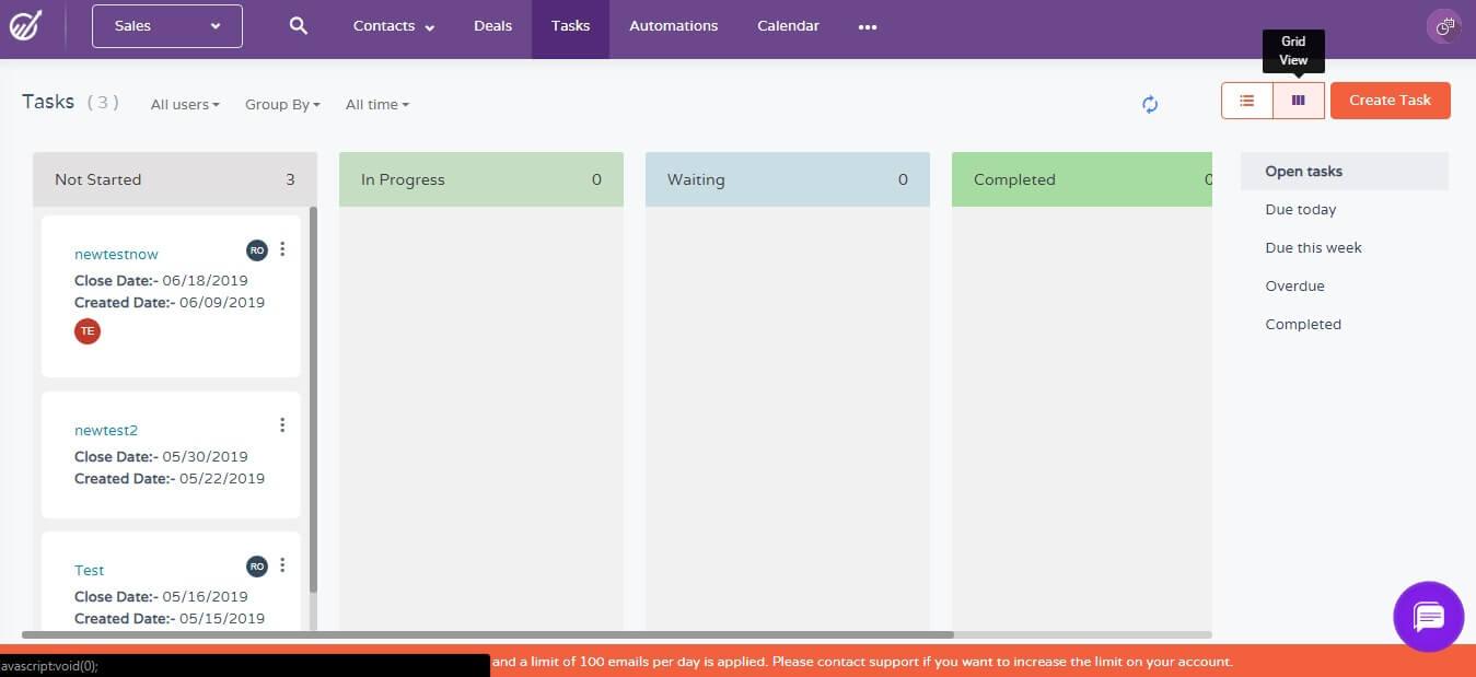 task grid view in engagebay