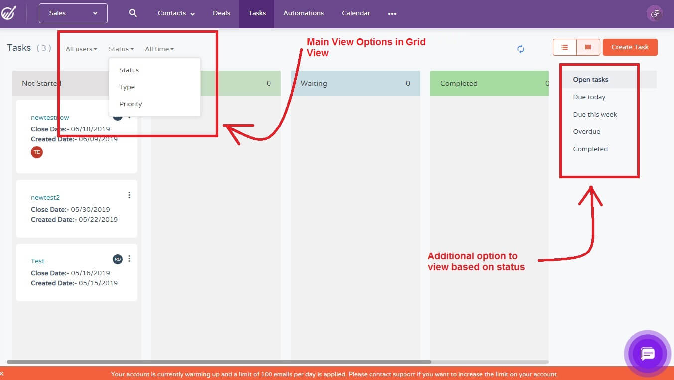 task options in engagebay