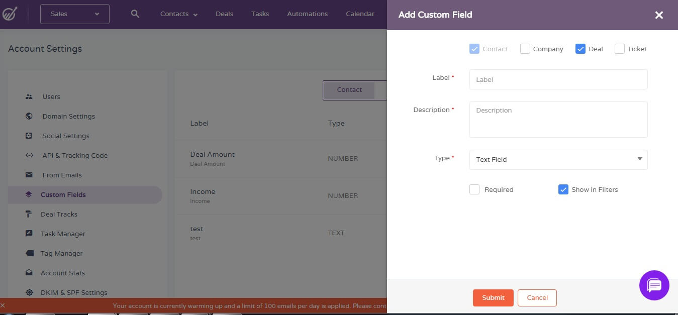 Campo personalizado disponible en engagementbay
